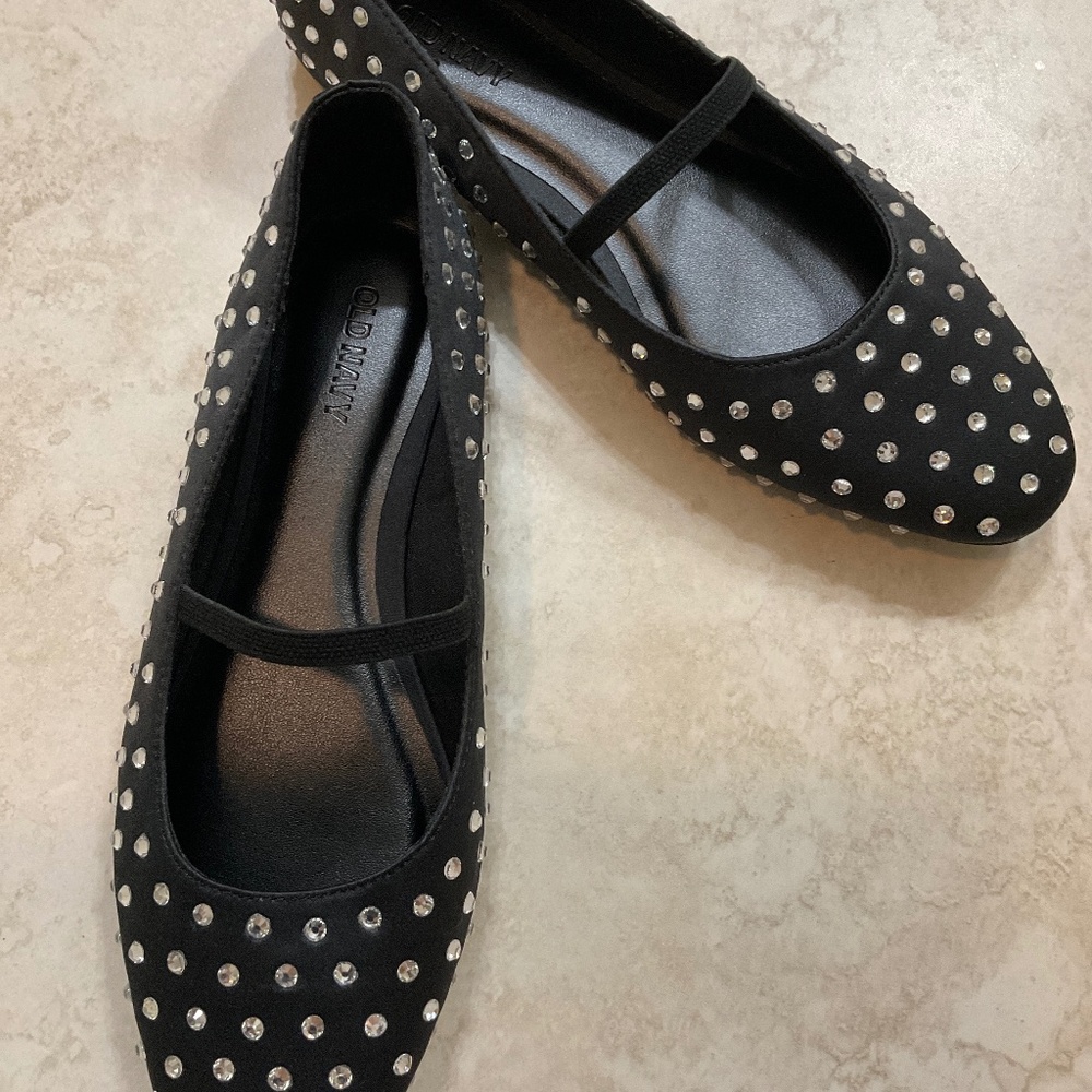 NWOT Black Mary Jane flats with rhinestone accents